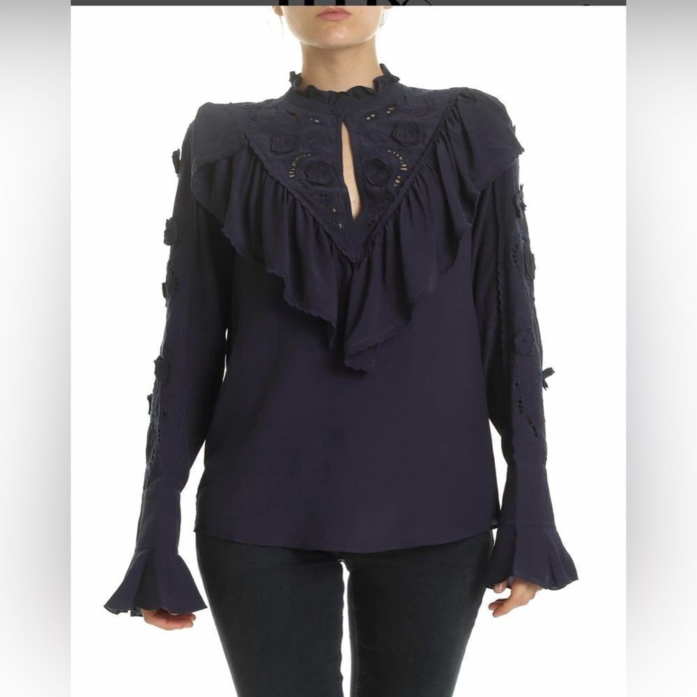 See By Chloe Blue Ruffled Bib Collar Blouse, US6